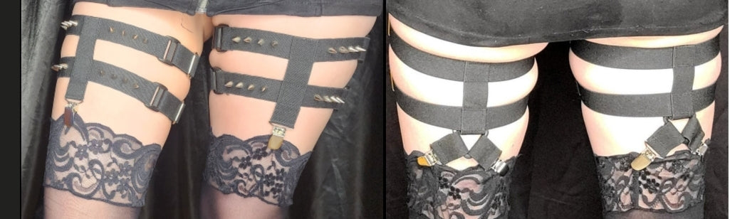 T front Y back 2 leg strap garters with spikes