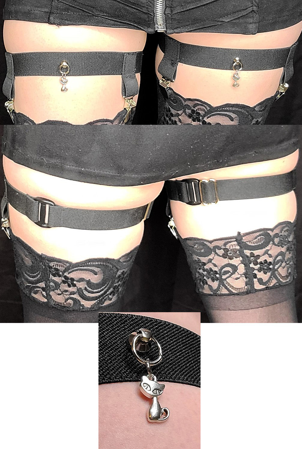 2-Clip Garters with 1 Leg Strap and Cat Charm