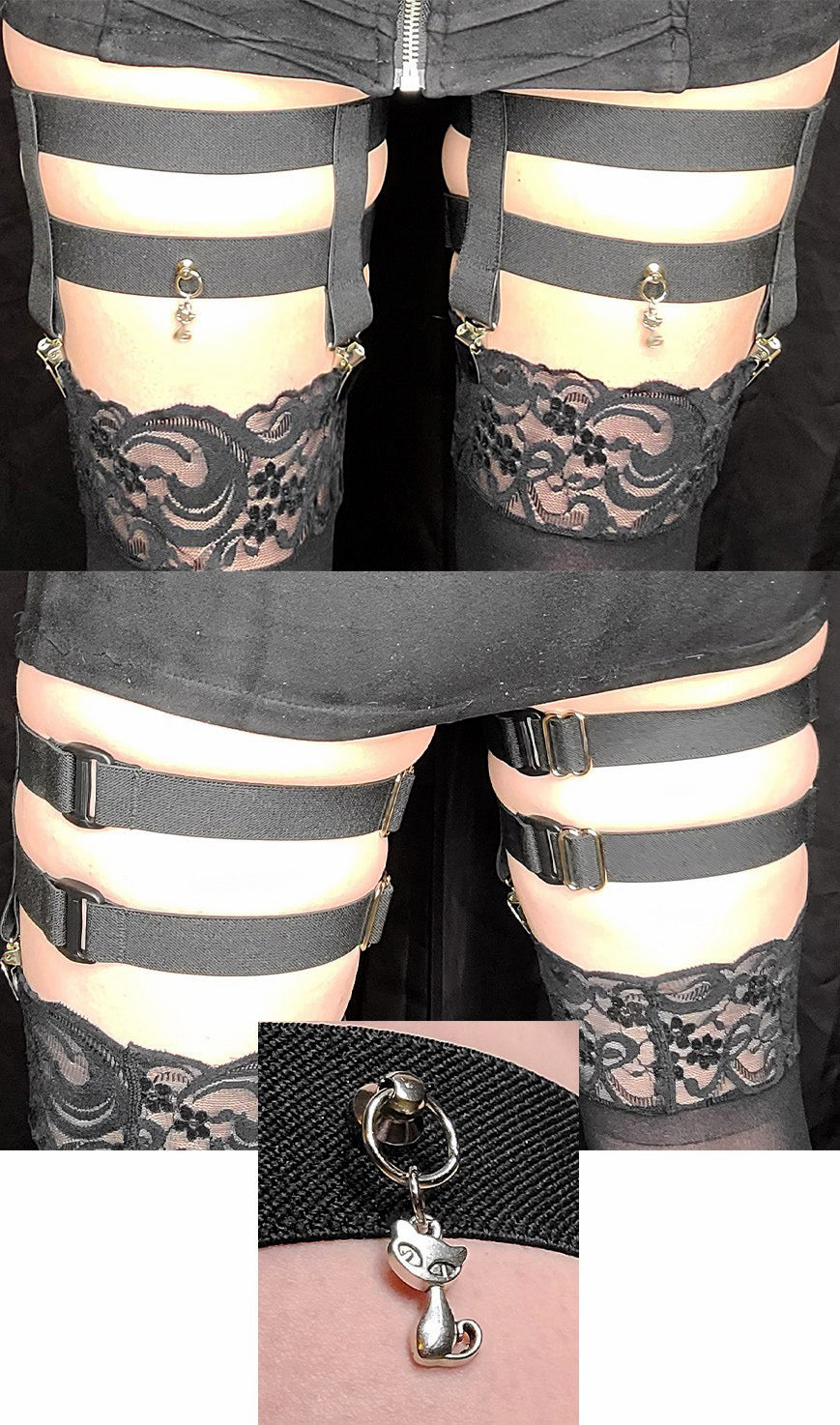 2-Clip Garters with 2 Leg Straps and Cat Charm