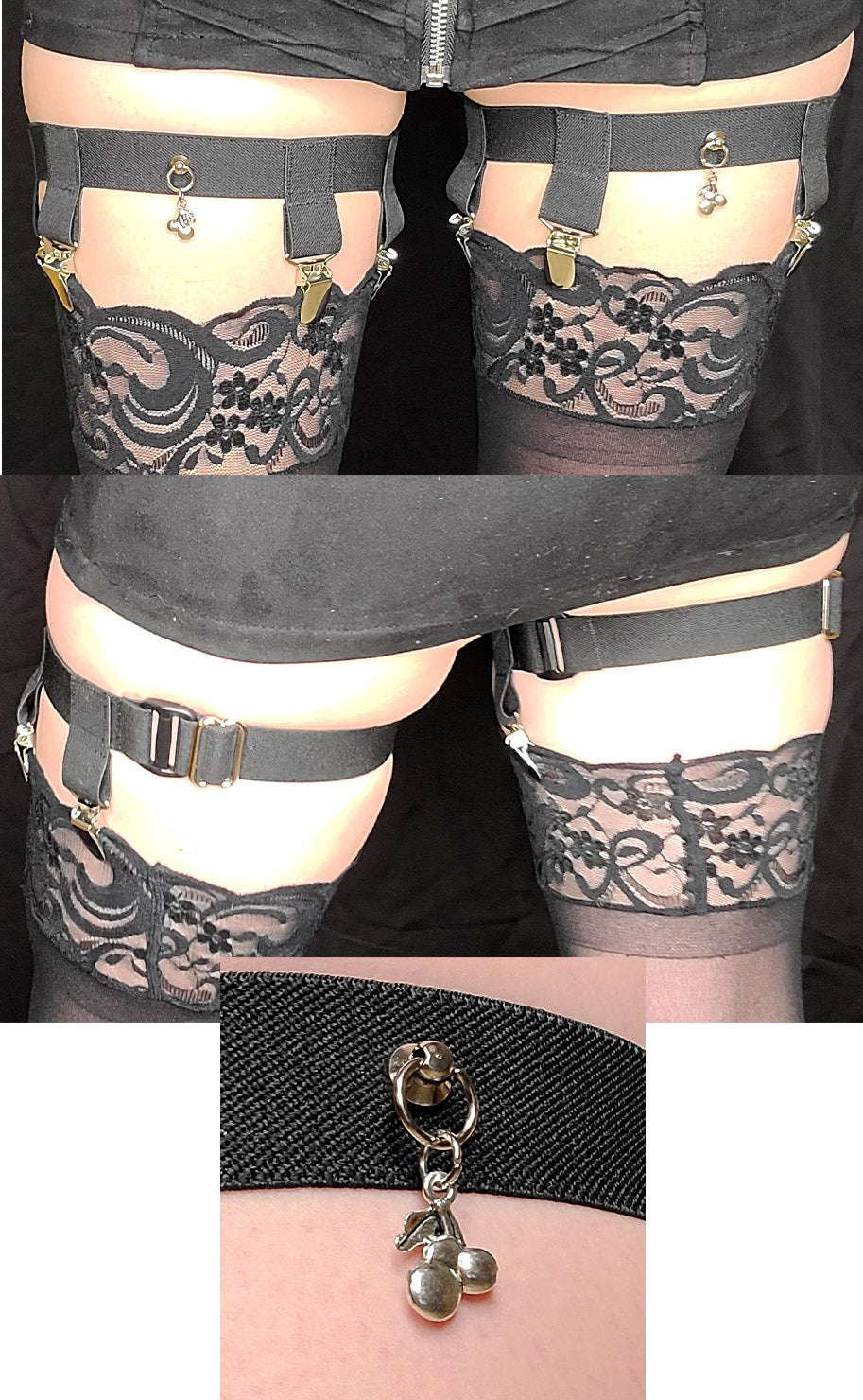 4-Clip Garters with 1 Leg Strap and Cherry Charm