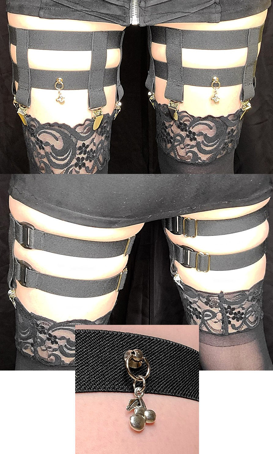 4-Clip Garters with 2 Leg Straps and Cherry Charm