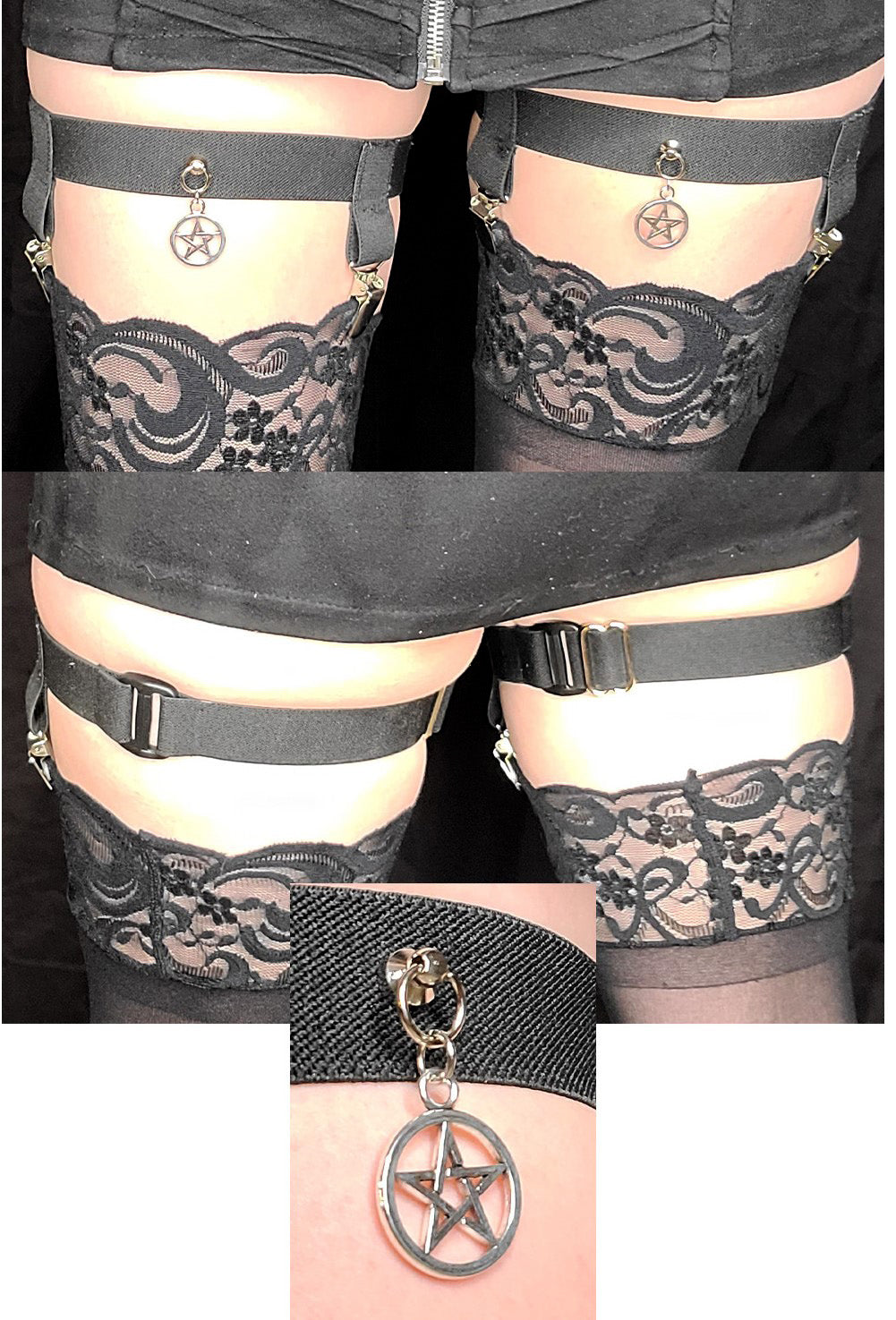 2-Clip Garters with 1 Leg Strap and Pentagram Charm