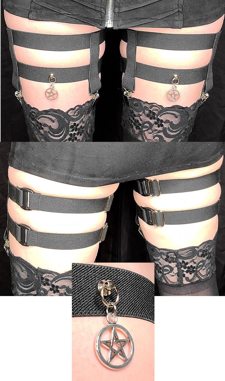 2-Clip Garters with 2 Leg Straps and Pentagram Charm