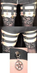 4-Clip Garters with 2 Leg Straps and Pentagram Charm