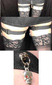 2-Clip Garters with 1 Leg Strap and Skull Charm