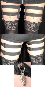 2-Clip Garters with 2 Leg Straps and Skull Charm