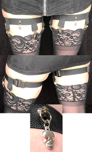 4-Clip Garters with 1 Leg Strap and Skull Charm