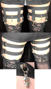 4-Clip Garters with 2 Leg Straps and Skull Charm