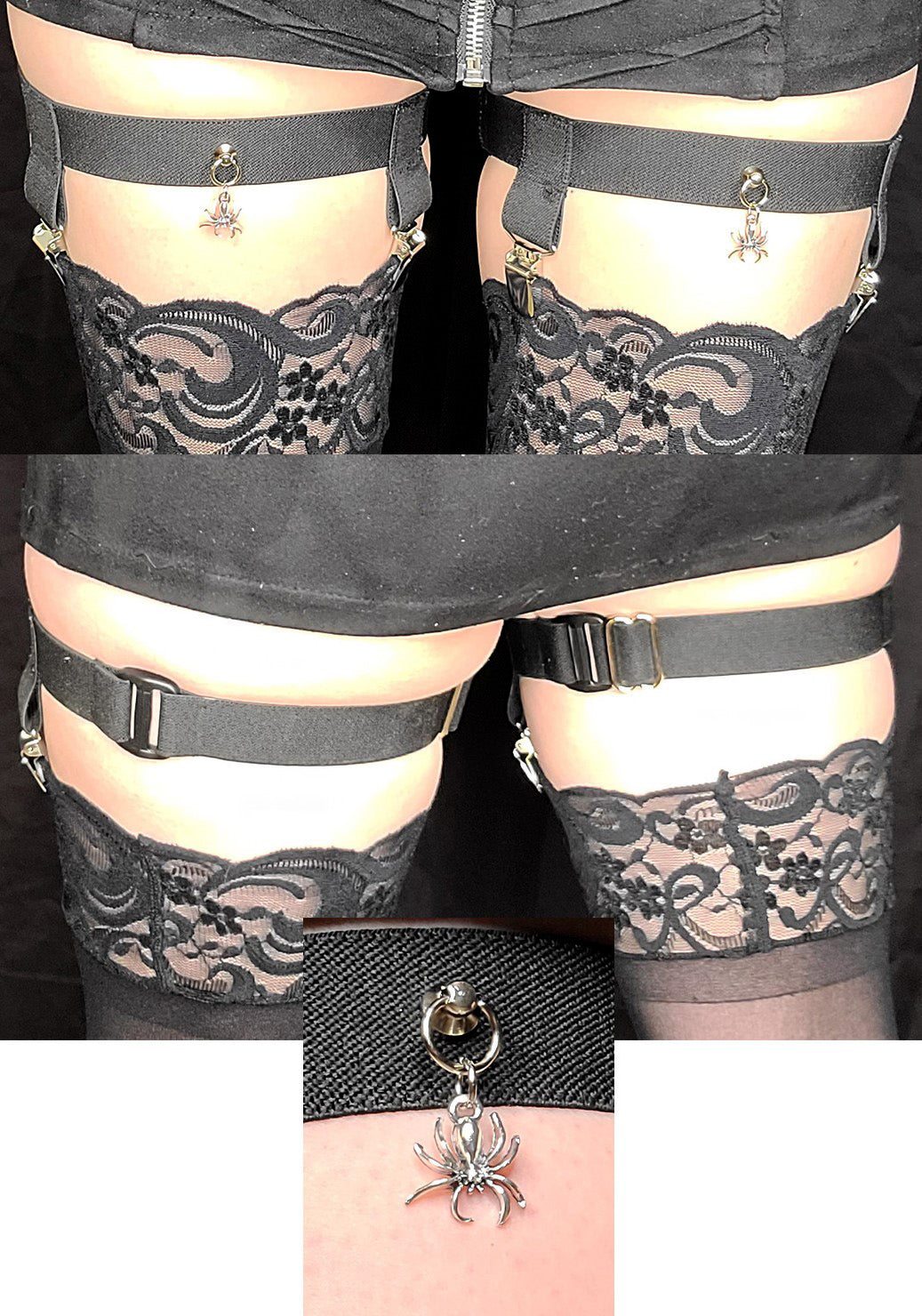 2-Clip Garters with 1 Leg Strap and Spider Charm