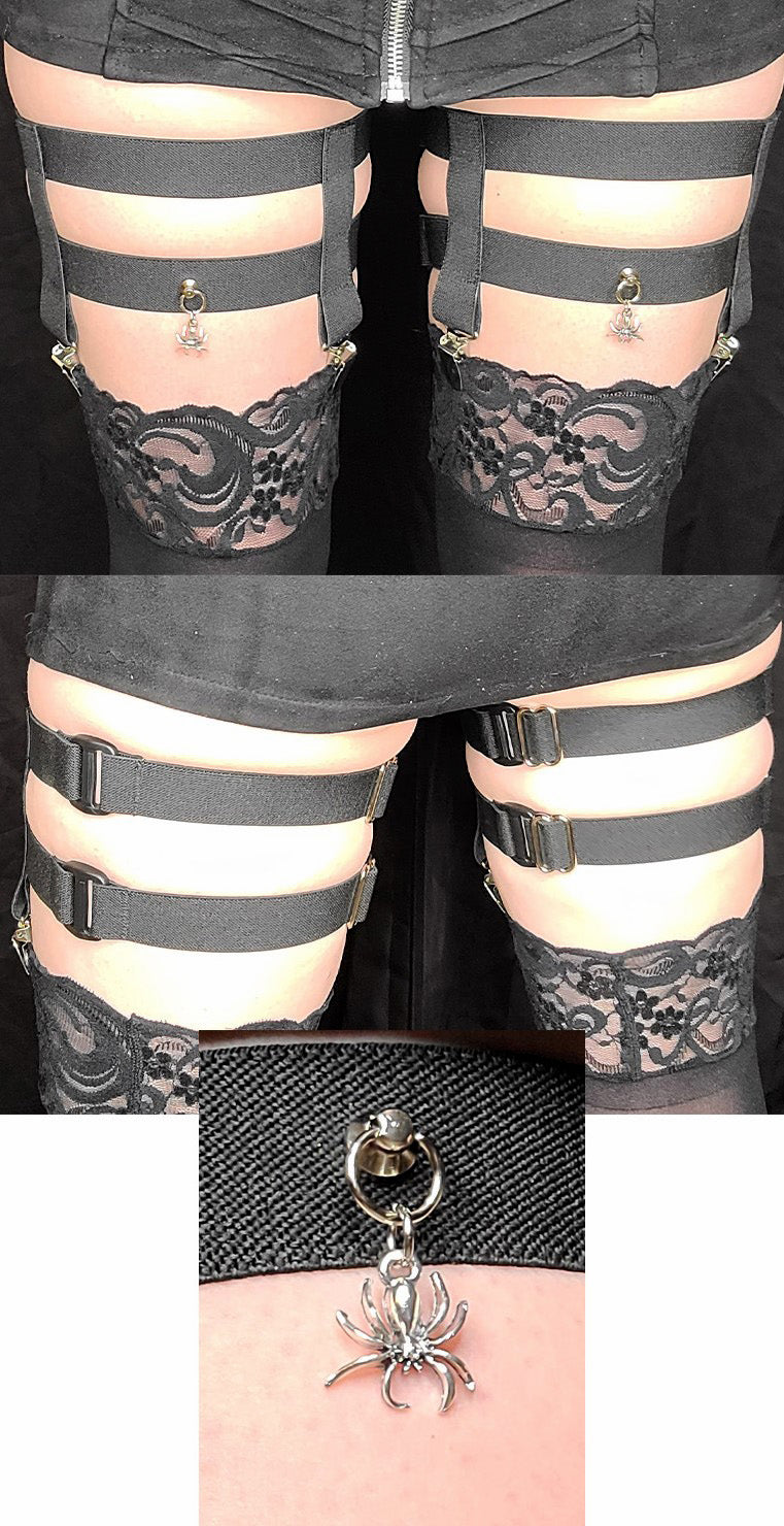 2-Clip Garters with 2 Leg Straps and Spider Charm