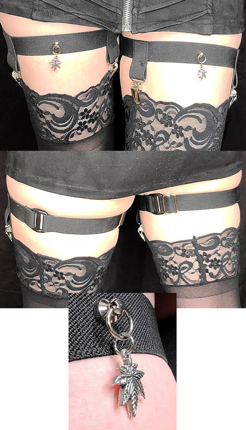 2-Clip Garters with 1 Leg Strap and Weed Charm