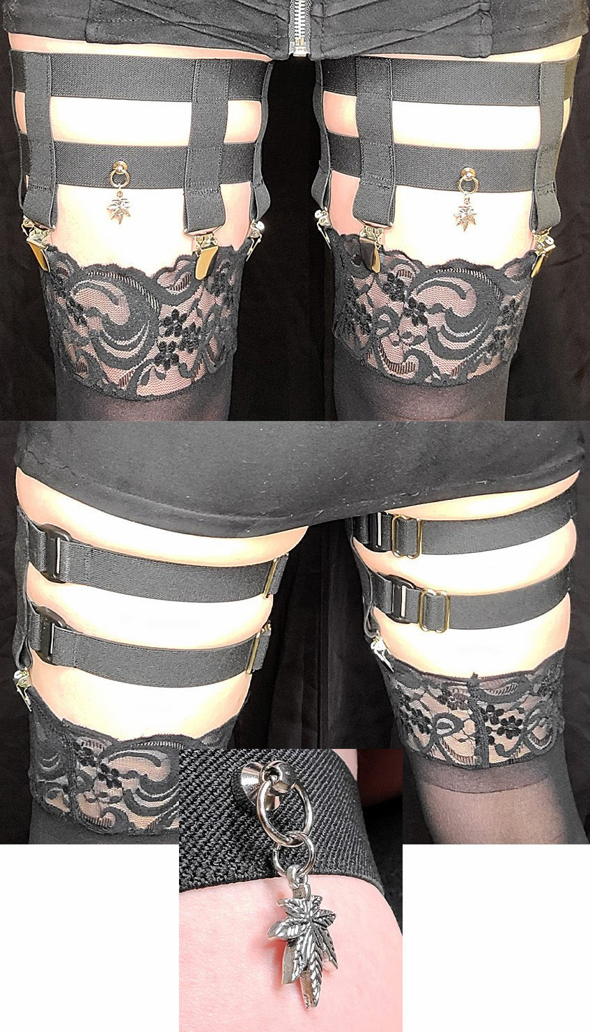 4-Clip Garters with 2 Leg Straps and Weed Charm